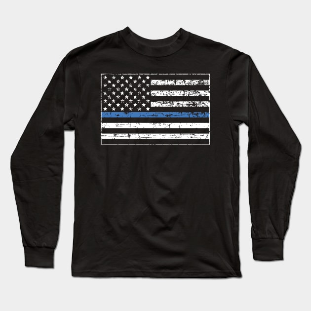 Thin Blue Line Distressed American Flag Long Sleeve T-Shirt by YouthfulGeezer